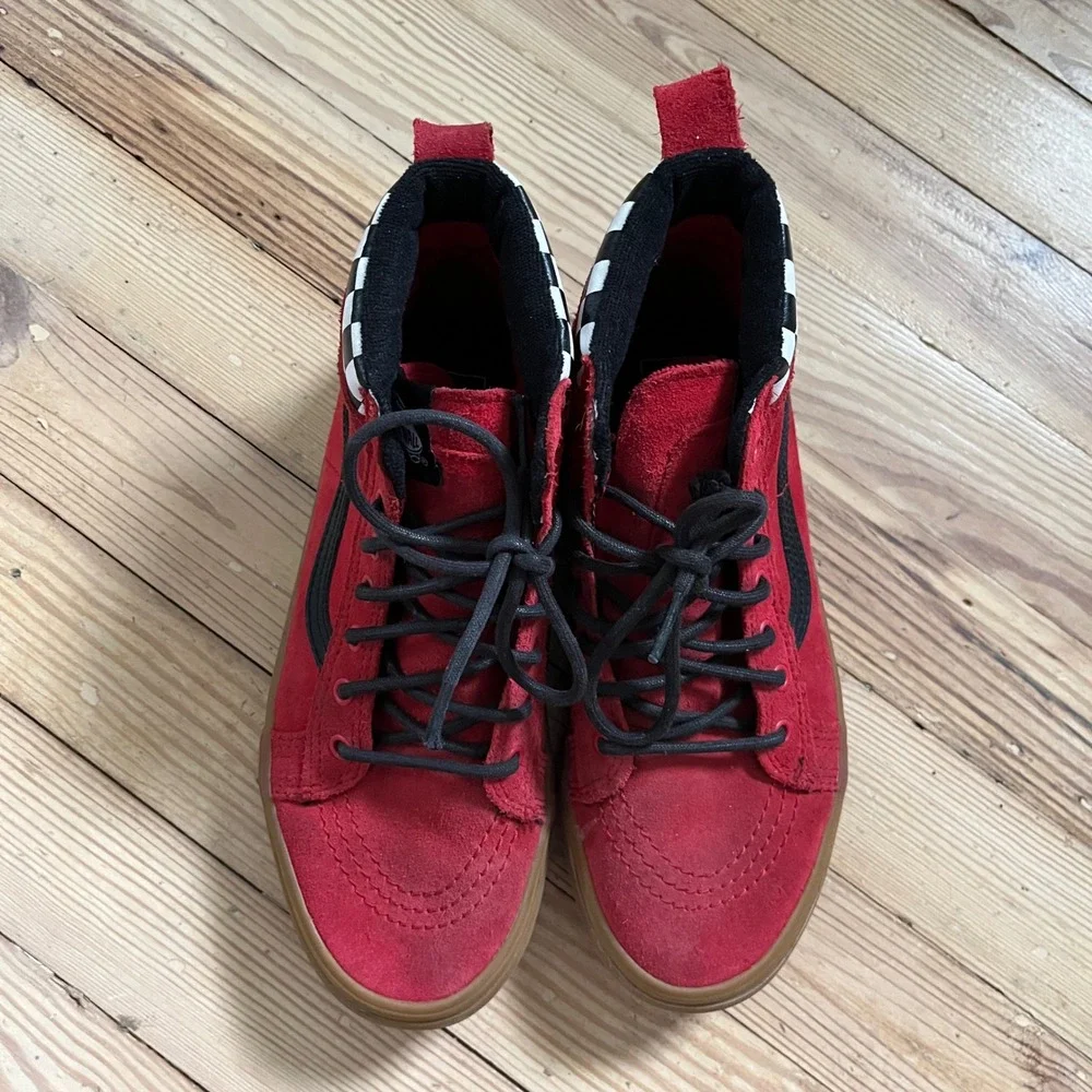 Vans Sk8-Hi Sneakers Kids 5.5 Red Suede Checkerboard High Top Gum Sole Shoes